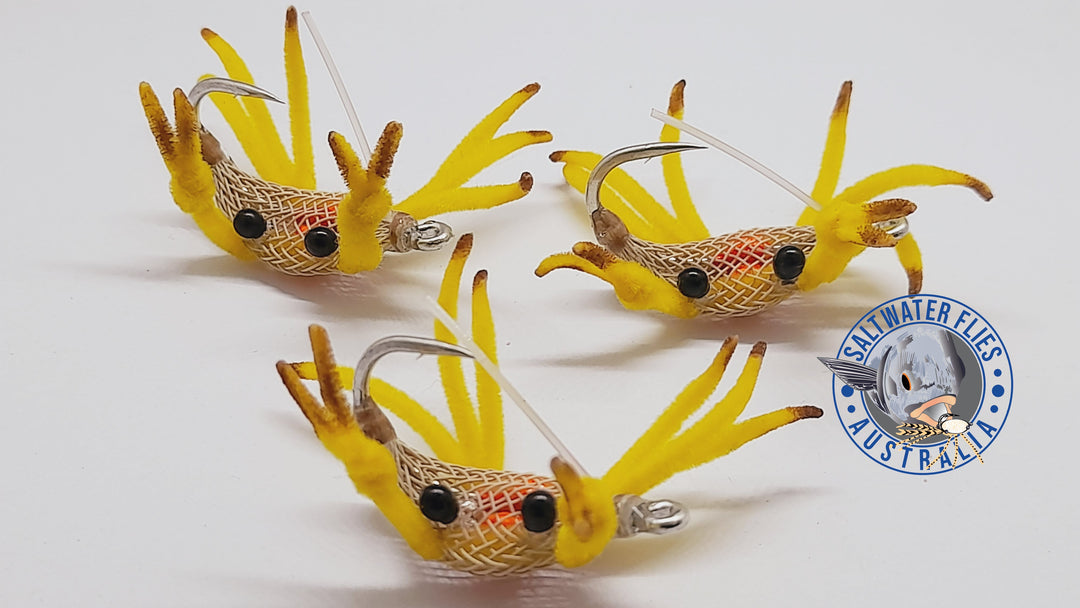 SALTWATER FLIES AUSTRALIA ALPHLEXO CRAB  FLY GAMAKATSU SL 12 #2 TAN CRAB YELLOW LEGS