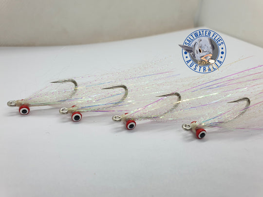 SWFA CLOUSER MINNOW FLY - SL12 1/0 - SYNTHETIC -WHITE/MEDIUM RED DOUBLE PUPIL LEAD EYE